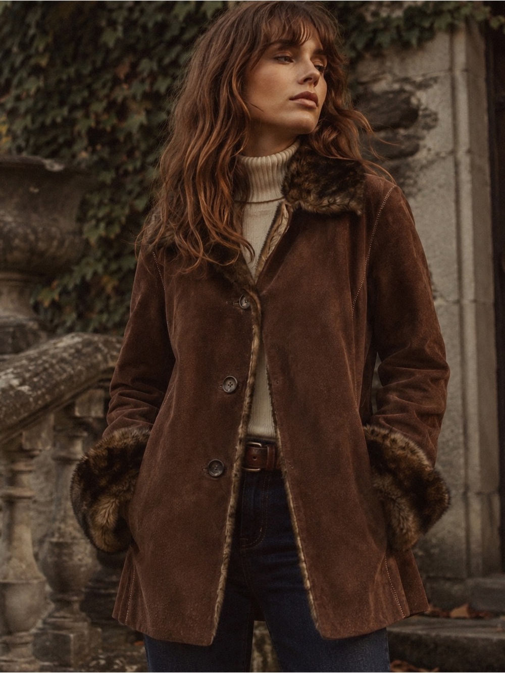 New York & Company Genuine Leather Suede Coat Brown Faux Fur Collar Cuffs Sz S